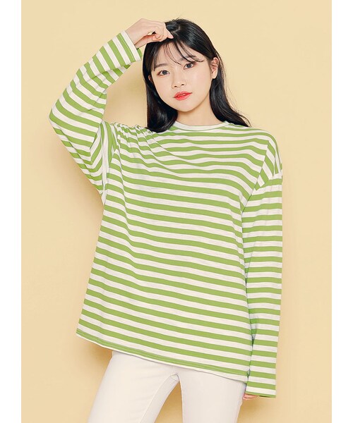 HOTPING(ホッピン)の「4ColorsドロップショルダーボーダーTシャツ(Tシャツ/カットソー・レディース・ブラック/マスタード/ブリック/イエローグリーン・1(フリーサイズ)/2(L-XL))」の2枚目の写真