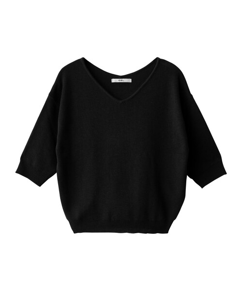 GRL（グレイル）の「Vネックミラノリブ5分袖ニット（ニット/セーター・レディース・ピンク/イエロー/レッド/ブラック/ブルー/ネイビー/パープル/ミントグリーン/ラベンダー/オフホワイト/ライトグレー・M）」の2枚目の写真