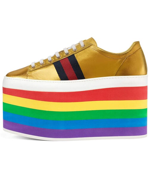 GUCCI(グッチ)の「Gucci Peggy Leather Platform Sneaker, Rainbow/Gold(その他シューズ・レディース・Gold・9b / 39eu/9.5b / 39.5eu/6.5b / 36.5eu/8.5b / 38.5eu/10.5b/40.5eu/12b/42eu/7b / 37eu/11b/41eu/7.5b / 37.5eu/10b / 40eu/8b / 38eu)」の5枚目の写真