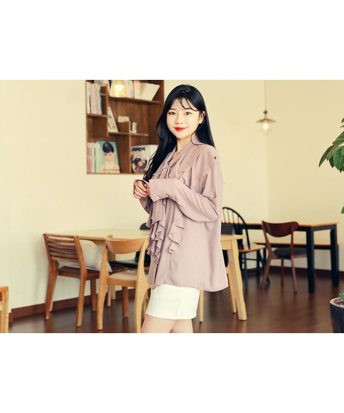 HOTPING（ホッピン）の「ボウタイロングカフスラッフルブラウス（シャツ/ブラウス・レディース・ブラック/インディーピンク・1(XS-S)/2(M-L)/3(XL-XXL)）」の2枚目の写真