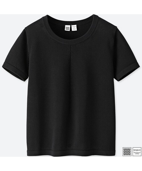 UNIQLO（ユニクロ）の「コットンスモールフィットセーター（半袖）＋E（ニット/セーター・レディース・YELLOW 42/BLACK 09/WHITE 00/PINK 10・S/XL/XXL/M/L）」の3枚目の写真