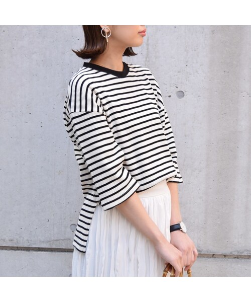 no brand（ノーブランド）の「BORDERワッフルTOPS（Tシャツ/カットソー・レディース・その他）」の2枚目の写真