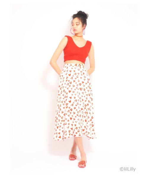 lilLilly（リルリリー）の「ハートプリントフレアスカート（スカート・レディース・WHITE/PINK・S/M）」の3枚目の写真