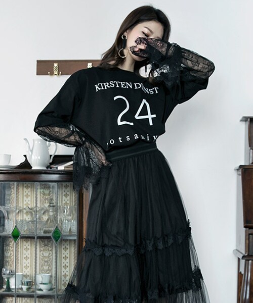 DINT(ディント)の「ダンストレタリングレーストップ(Tシャツ/カットソー・レディース・블랙/화이트/퍼플・one(44~66size))」の1枚目の写真