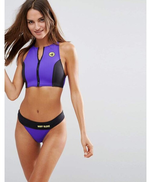 Body Glove,Body Glove Purple High Neck Zip Crop Neoprene Bikini