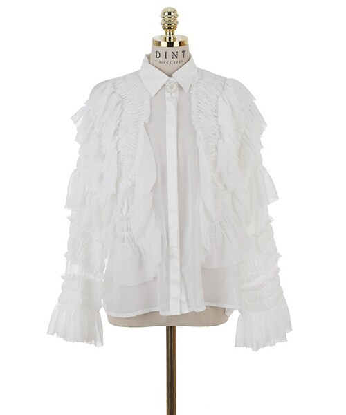 DINT（ディント）の「ポーリングダブルフリルブラウス（ブローチset）（シャツ/ブラウス・レディース・화이트・one(44~66size)）」の2枚目の写真