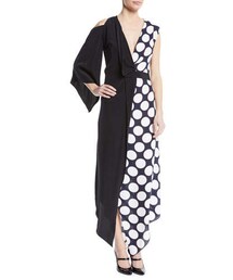 Awake | A.W.A.K.E. V-Neck Draped One-Sleeve Asymmetric Polka-Dot Cocktail Dress(ワンピース)
