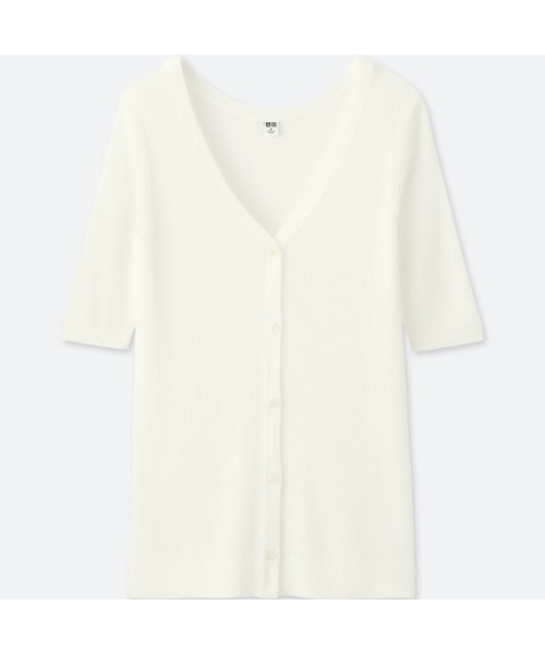 UNIQLO（ユニクロ）の「ライトVネックリブカーディガン（5分袖）＋E（ニット/セーター・レディース・BLACK 09/LIGHT GRAY 02/ORANGE 27/BLUE 68/OFF WHITE 01・3XL/M/L/XS/XL/XXL/S）」の2枚目の写真