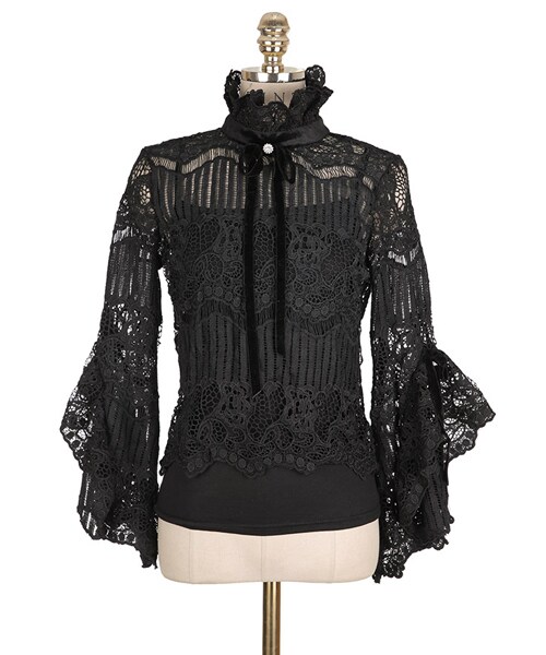 DINT（ディント）の「レースパタンリボンブラウス（インナーset）（シャツ/ブラウス・レディース・화이트/블랙・one(44~66size)）」の3枚目の写真