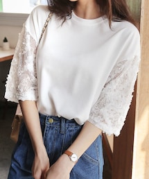 DHOLIC | フラワーテクスチャースリーブTシャツ(Tシャツ/カットソー)