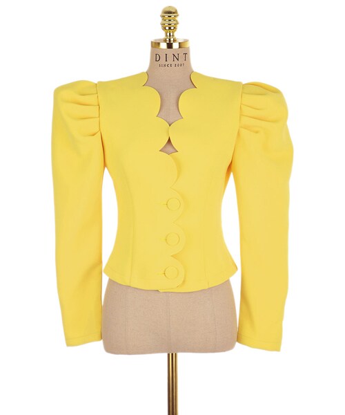 DINT（ディント）の「ウェーブカットパフジャケット（ノーカラージャケット・レディース・옐로우・S/M）」の2枚目の写真