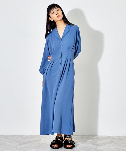 CLANE クラネ コットンリネン ワンピース ロング フレア シャツ 上品 紺 CLANE（クラネ）の「【4/10入荷予定】オープンカラーロング