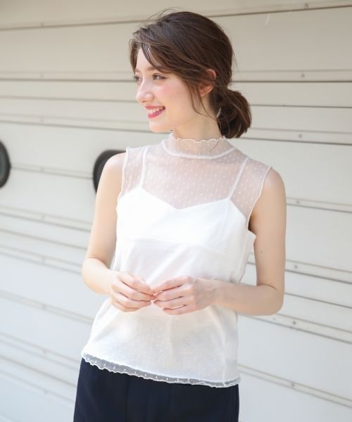 Heather(ヘザー)の「ドットチュールハイネック*タンク(トップス・ホワイト/ブラック/グレー)」の1枚目の写真