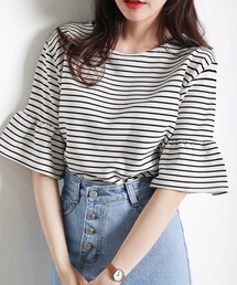 DHOLIC | ボーダーラッフルスリーブTシャツ(Tシャツ/カットソー)