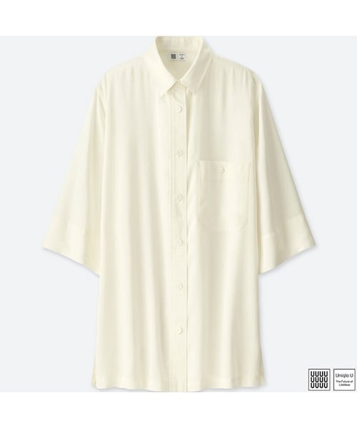 UNIQLO（ユニクロ）の「ロングシャツ（7分袖）＋E（シャツ/ブラウス・レディース・NAVY 69/ORANGE 24/OFF WHITE 01・XXL/S/XL/L/M）」の2枚目の写真