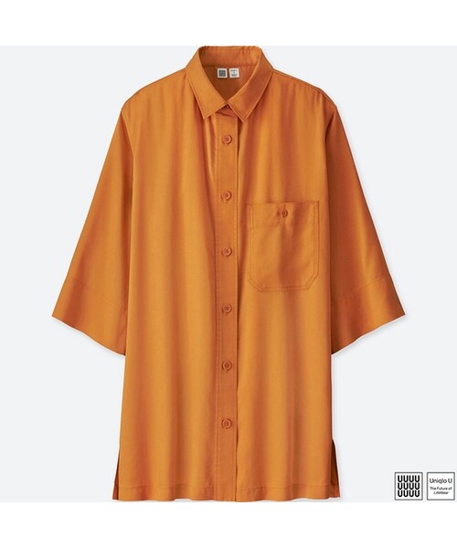 UNIQLO（ユニクロ）の「ロングシャツ（7分袖）＋E（シャツ/ブラウス・レディース・NAVY 69/ORANGE 24/OFF WHITE 01・XXL/S/XL/L/M）」の3枚目の写真