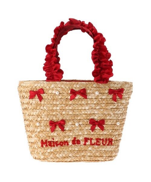 新品タグ付♡メゾンドフルール フリルハンドルパールリボンかごバッグ♡ギンガム Maison de FLEUR（メゾンドフルール）の「フリルハンドルパール