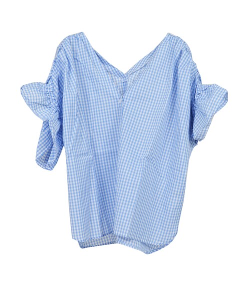 STYLEBLOCK（スタイルブロック）の「先染ギンガムチェックフリルスリーブスキッパ―ブラウス（シャツ/ブラウス・レディース・サックスブルー/レッド/ネイビー/ブラック・M）」の2枚目の写真