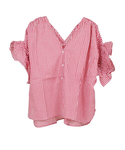 STYLEBLOCK（スタイルブロック）の「先染ギンガムチェックフリルスリーブスキッパ―ブラウス（シャツ/ブラウス・レディース・サックスブルー/レッド/ネイビー/ブラック・M）」の3枚目の写真