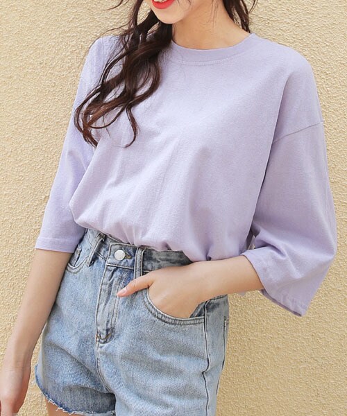 DHOLIC(ディーホリック)の「アンバランス7分丈スリーブTシャツ(Tシャツ/カットソー・レディース・パープル/ホワイト/グリーン/ブルー/ブラック・FREE)」の1枚目の写真