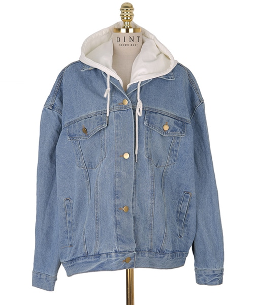 DINT（ディント）の「バクシーフードデニムジャケット（デニムジャケット・レディース・그레이/화이트・one(44~66size)）」の2枚目の写真