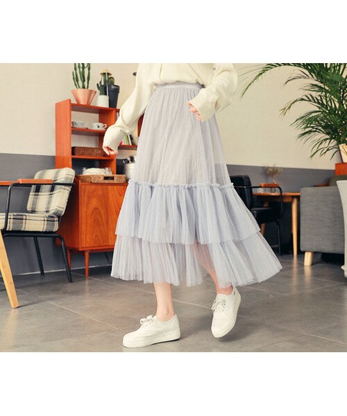 HOTPING(ホッピン)の「ウエストゴムティアードチュールスカート(スカート・レディース・グレー/アイボリー/ライトベージュ/ブラック・フリーサイズ(XS-L))」の1枚目の写真