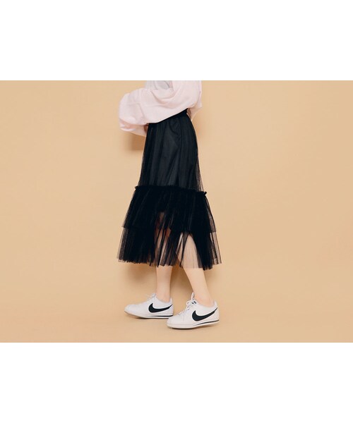 HOTPING(ホッピン)の「ウエストゴムティアードチュールスカート(スカート・レディース・グレー/アイボリー/ライトベージュ/ブラック・フリーサイズ(XS-L))」の3枚目の写真