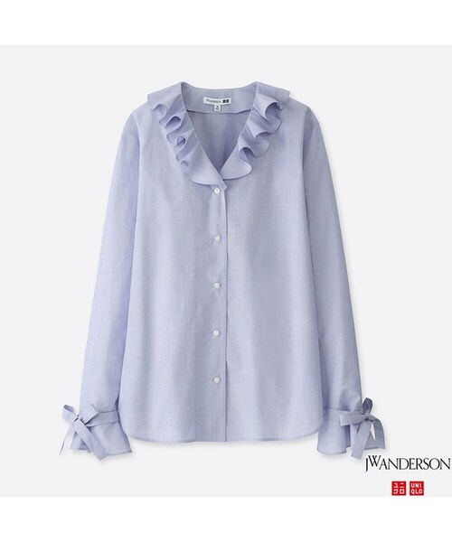 UNIQLO（ユニクロ）の「エクストラファインコットンラッフルブラウス（長袖）（シャツ/ブラウス・レディース・WHITE 00/BLUE 63/PINK 10・XXL/XL/3XL/S/M/L/XS）」の2枚目の写真