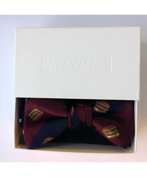 no brand（ノーブランド）の「蝶ネクタイ メンズ シルク ジャガード TIEDNISTA. タイドニスタ Humberger Stripe ハンバーガー ストライプ ネイビー エンジ 日本製（蝶ネクタイ・メンズ・その他）」の2枚目の写真
