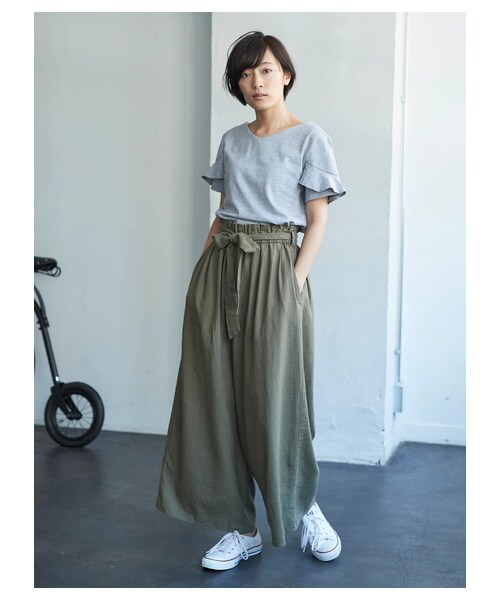 AMERICAN HOLIC（アメリカンホリック）の「・麻混ウエストリボンワイドパンツ（パンツ・ブラック/ベージュ/キャメル/カーキ/ブルー・F）」の2枚目の写真