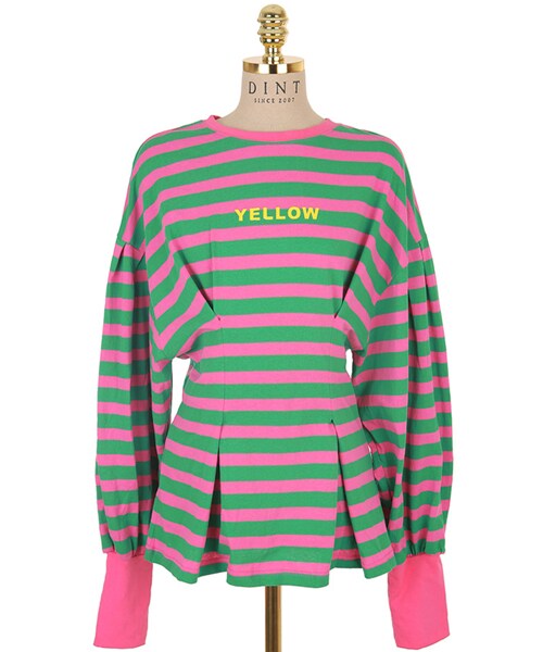 DINT（ディント）の「レタリングストライプカラー配色トップ（Tシャツ/カットソー・レディース・핑크/레드・one(44~66size)）」の2枚目の写真