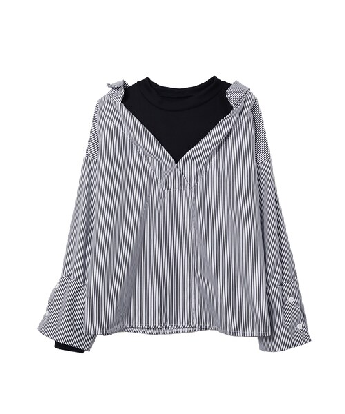 frunco（フランコ）の「ストライプオフショルレイヤードトップス（シャツ/ブラウス・レディース・グリーン/ブラック・F）」の2枚目の写真