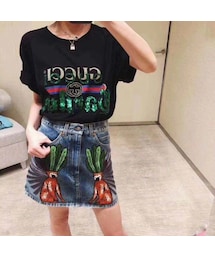GUCCI★レザーロゴ デニム ミニスカート 送関込み GUCCI☆レザーロゴ デニム ミニスカート 送関込み (GUCCI/ミニ