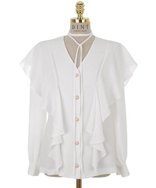 DINT（ディント）の「ホリックパールのボタンラッフルブラウス（シャツ/ブラウス・レディース・핑크/화이트/옐로우・one(44~66size)）」の2枚目の写真