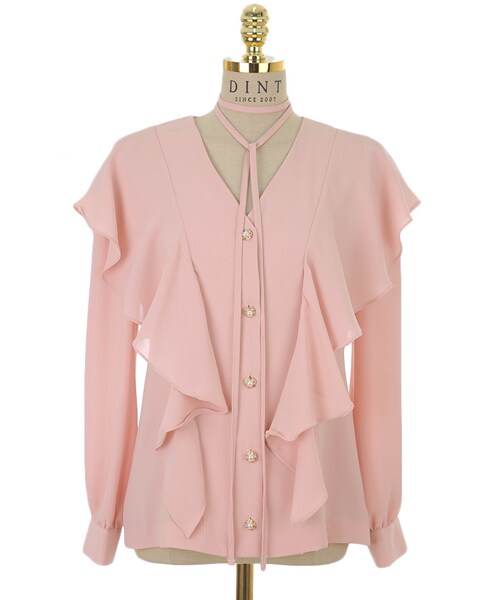 DINT（ディント）の「ホリックパールのボタンラッフルブラウス（シャツ/ブラウス・レディース・핑크/화이트/옐로우・one(44~66size)）」の4枚目の写真