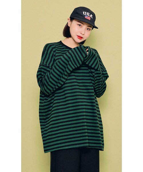 HOTPING（ホッピン）の「ドロップショルダールーズボーダーTシャツ（Tシャツ/カットソー・レディース・ブラック/グリーン/ブルー/レッド/イエロー・フリーサイズ(XS-XL)）」の2枚目の写真
