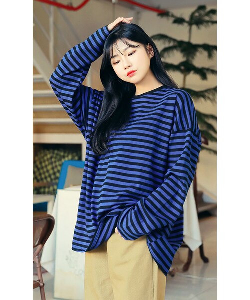 HOTPING（ホッピン）の「ドロップショルダールーズボーダーTシャツ（Tシャツ/カットソー・レディース・ブラック/グリーン/ブルー/レッド/イエロー・フリーサイズ(XS-XL)）」の3枚目の写真