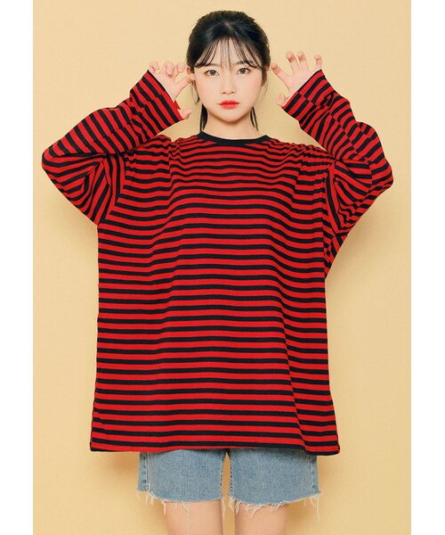 HOTPING（ホッピン）の「ドロップショルダールーズボーダーTシャツ（Tシャツ/カットソー・レディース・ブラック/グリーン/ブルー/レッド/イエロー・フリーサイズ(XS-XL)）」の5枚目の写真