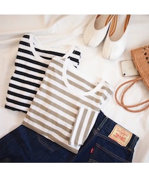 no brand | 【Marient 】5分袖 BORDER Tシャツ(Tシャツ/カットソー)