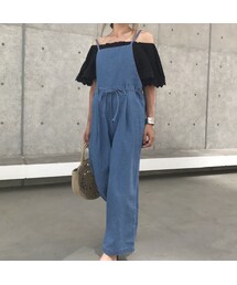 copine | ウエストリボンデニムサロペットワイドパンツ【クリックポスト対象商品】(サロペット/オーバーオール)