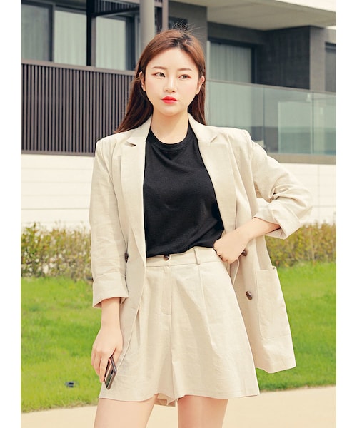 HOTPING（ホッピン）の「リネン混テーラードダブルジャケット（その他アウター・レディース・カーキ/ライトベージュ・1(フリーサイズ)/2(L-XL)）」の2枚目の写真