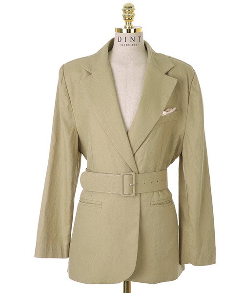 DINT（ディント）の「クラシックムードヘンコチーフリネンジャケット（ベルトset）（ステンカラーコート・レディース・그린/베이지・one(44~66size)）」の2枚目の写真
