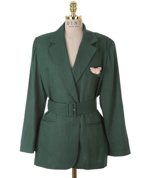 DINT（ディント）の「クラシックムードヘンコチーフリネンジャケット（ベルトset）（ステンカラーコート・レディース・그린/베이지・one(44~66size)）」の3枚目の写真