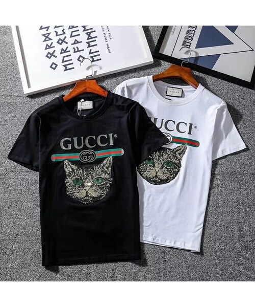 Gucci グッチ の Gucci 半袖tシャツ 猫顔 夏トップス M605 当日発送 送料無料 Tシャツ カットソー Wear