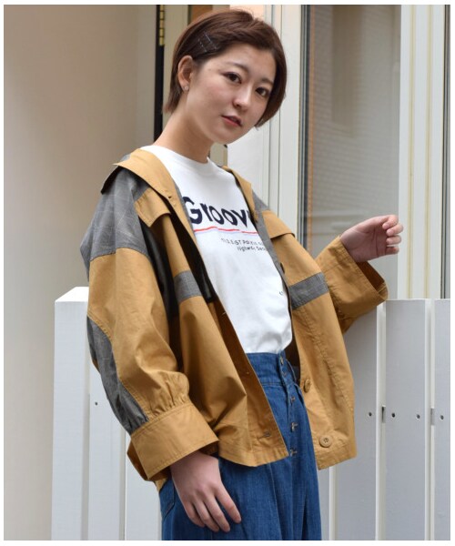 w closet（ダブルクローゼット）の「異素材切替シャツ羽織り（ジャケット/アウター・レディース・キナリ/ベージュ/カーキ/ネイビー・FREE）」の5枚目の写真