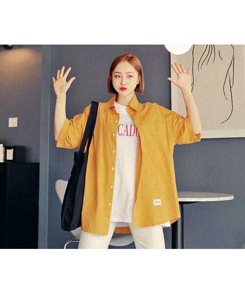 HOTPING（ホッピン）の「ワンポケットラベルポイントシャツ（シャツ/ブラウス・レディース・ネイビー/カーキ/ブラック/ベージュ/ピンク/マスタード/ホワイト・フリーサイズ(XS-XL)）」の6枚目の写真