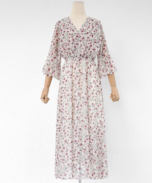 DHOLIC（ディーホリック）の「Vネック花柄ロングワンピース（ワンピース・レディース・ブルー/ホワイト・FREE）」の2枚目の写真