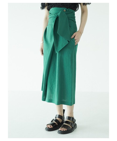 GARAGE OF GOOD CLOTHING(ガレージオブグッドクロージング)の「&L ウエストリボン巻き風Iラインスカート(スカート・グリーン/パープル・36/38)」の1枚目の写真