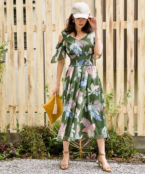 アンティミテ 新品 プリント ドレス ミント グリーン ワンピース ワンピース ドレス レース チュール フレア Aライン ミモレ丈