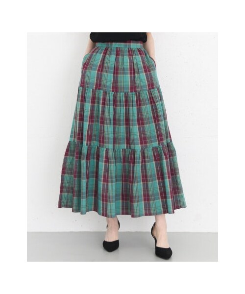 KBF（ケイビーエフ）の「KBF+ チェックボリュームフレアスカート（スカート・レディース・GREEN/YELLOW/BEIGE・one）」の4枚目の写真